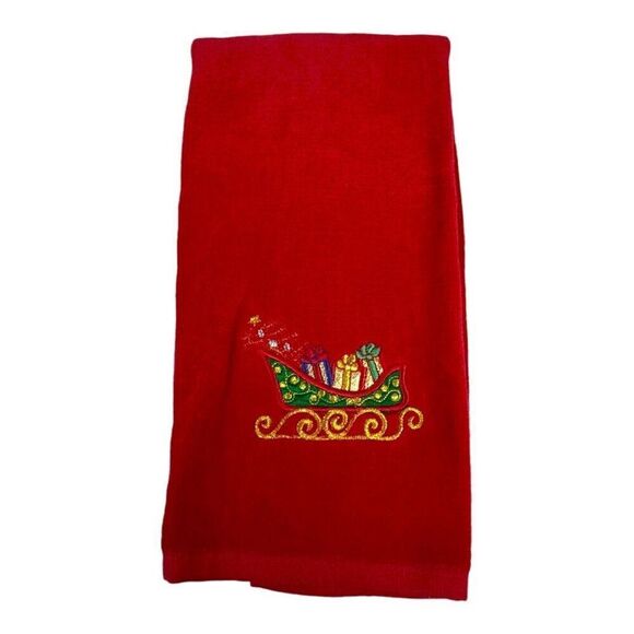 Red Embroidered Vintage Christmas Sleigh Toys Kitchen Bath Holiday Hand Towel - Picture 1 of 4